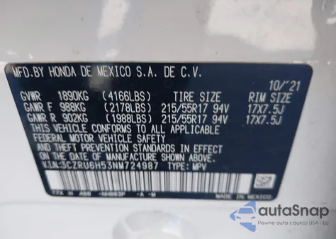 2022 Honda Hr-V Awd Ex z USA, uszkodzony, nr VIN 3CZRU6H53NM724987